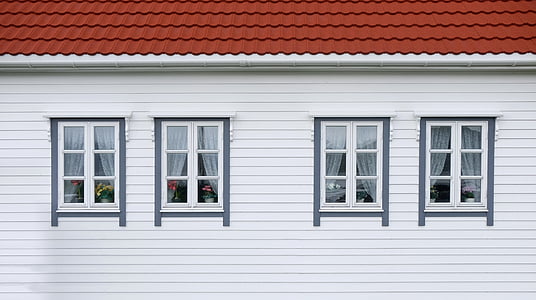 wit, rood, huis, vier, venster, illustratie, gebouw