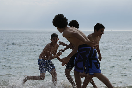 otroci igrajo, Mar, modra, pesek, narave, nebo, Beach