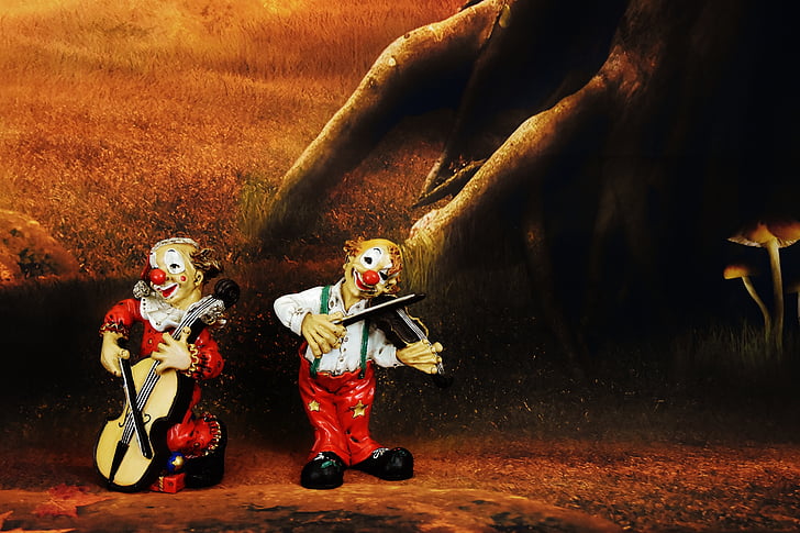 clowns, funny, music, figures, fun, forest, mood