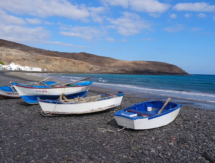 bateaux, Fuerteventura, îles Canaries, mer, bleu, plage, vacances