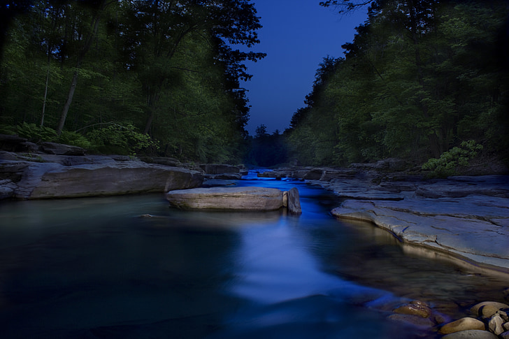 water, rocks, stone, blue, creek, light painting, night