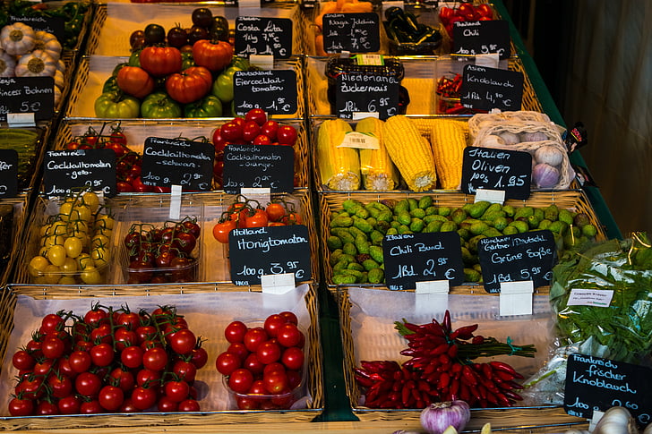trái cây, greengrocers, thị trường, vẫn còn sống, màu đỏ, màu vàng, khỏe mạnh