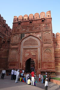 agra fort, unesco site, castle, inside gate, architecture, moghuls, pink sandstone