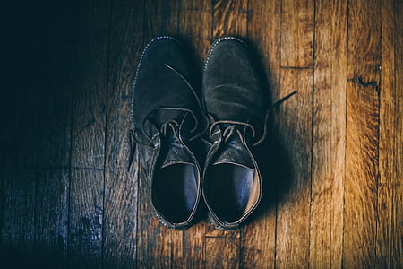 negro, zapato, calzado, madera, piso, par, moda