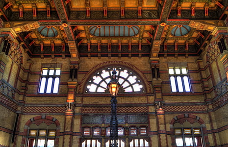 station, train, art, ceiling, art nouveau, lantern, departure