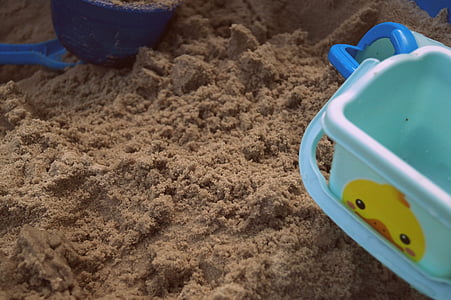 sandkasse, lekeplass, sand, bøtte, barn bøtte, grave, plast
