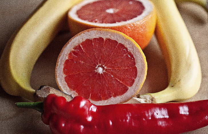 fruit, grapefruit, paprika, banana, red grapefruit, red pepper, yellow