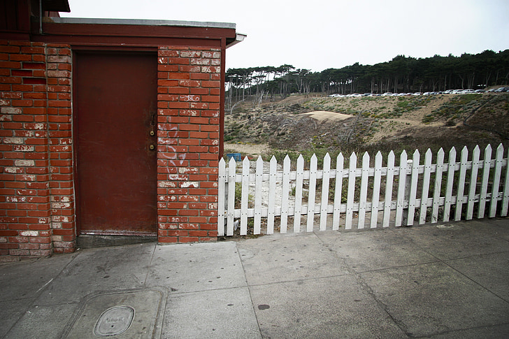 crooked, fence, door, home, property, brick, beach