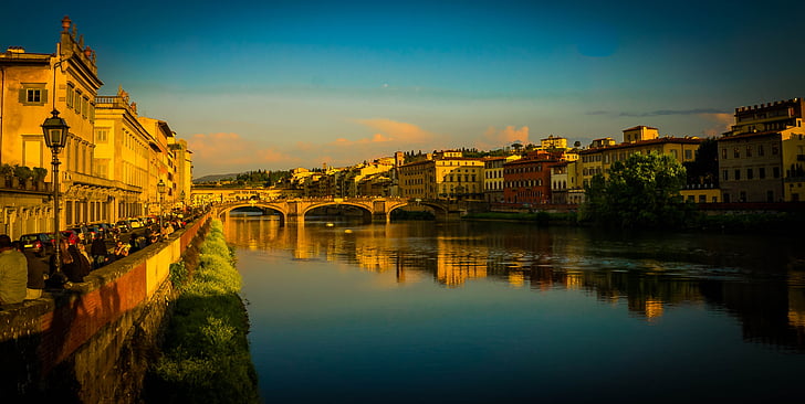 Florencja, Włochy, Ponte vecchio, chmury, Architektura, budynki, Miasto