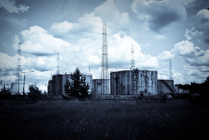 industrial, factory, gray, scale, photo, daytime, oil terminal