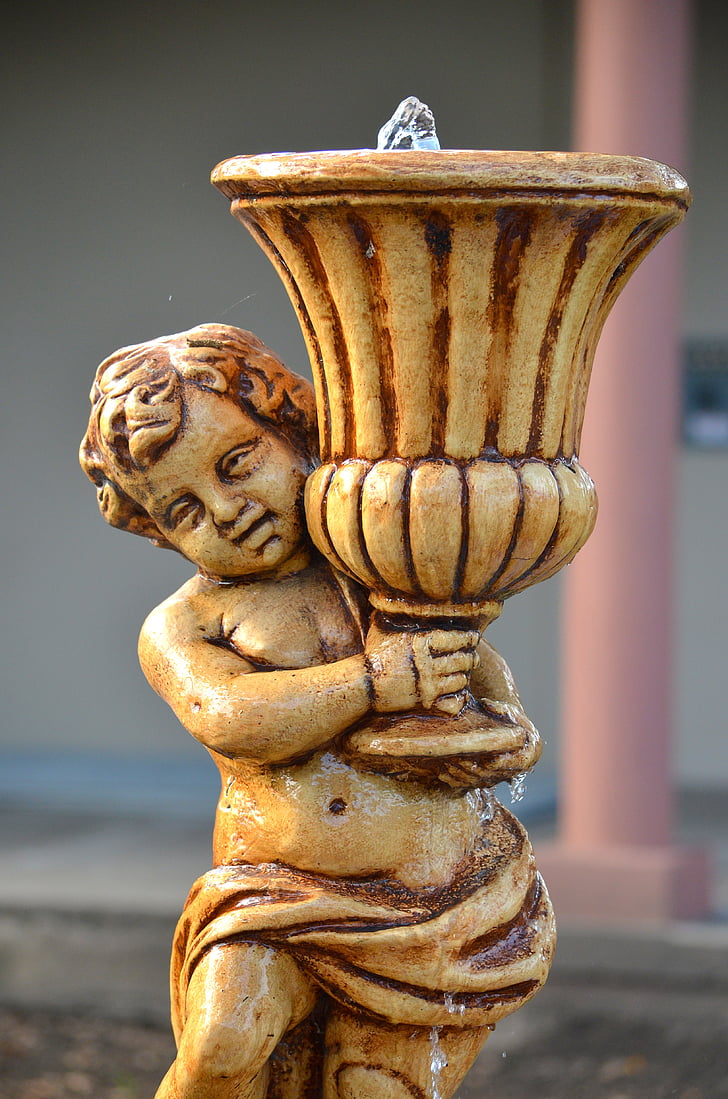 angel, water, orange, sculpture, fountain