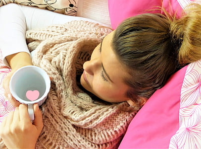 young woman, girl, concerns, rest, pillow, pink, cup