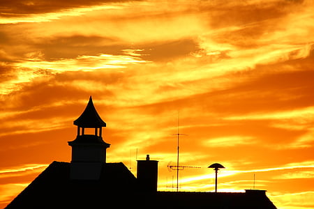 schemering, rood, zonsondergang, gloed, silhouet, oranje kleur, buitenkant van het gebouw