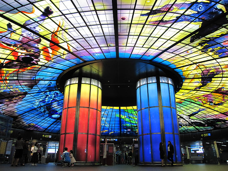 roma termini, large hall, color, cylinder, painted, light, glass
