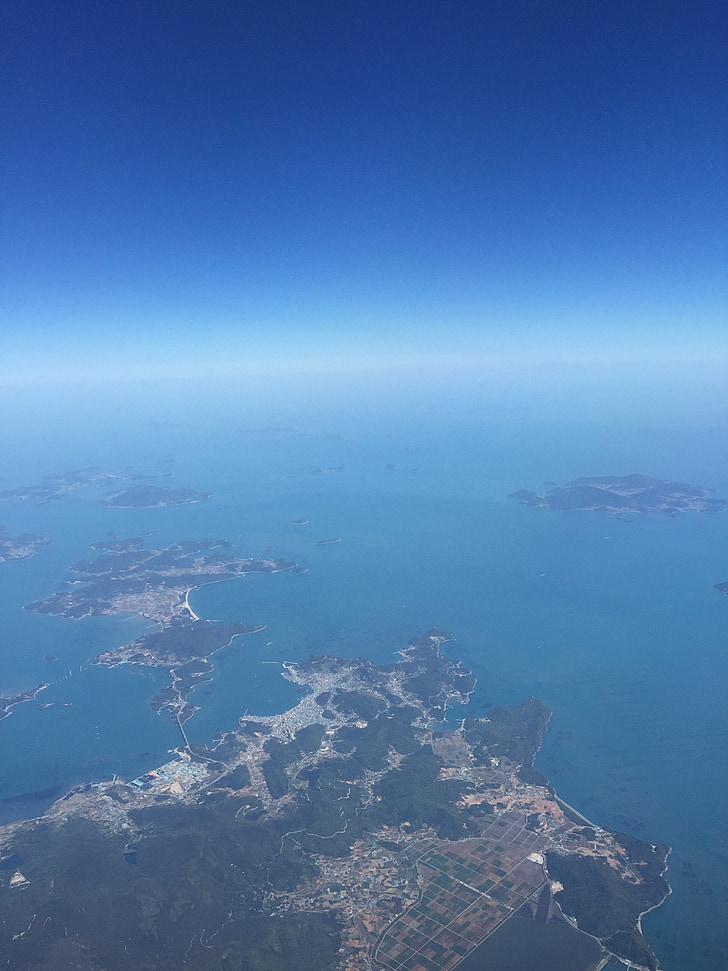 iš paukščio skrydžio, Jeju, dangus, skrydžio, sala, vandenyno