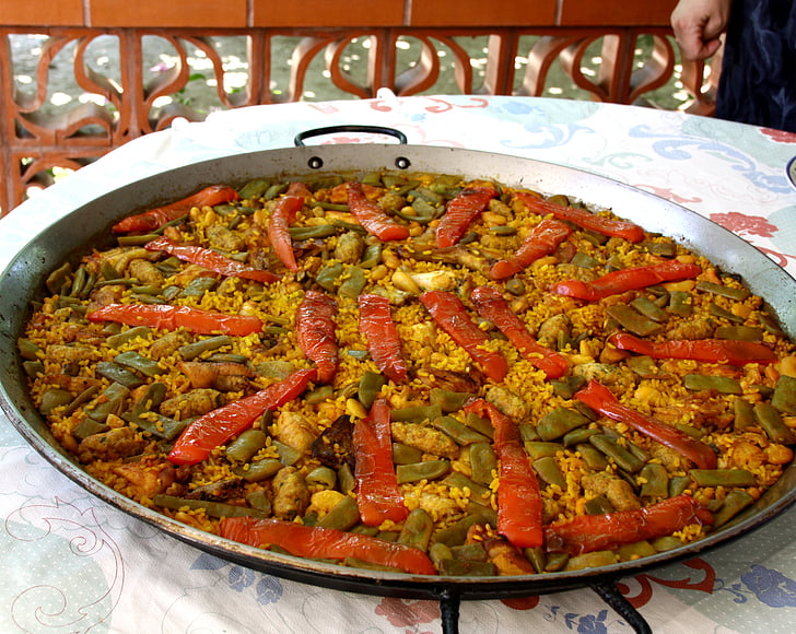 paella, kitchen, rice, traditional dish, vegetables