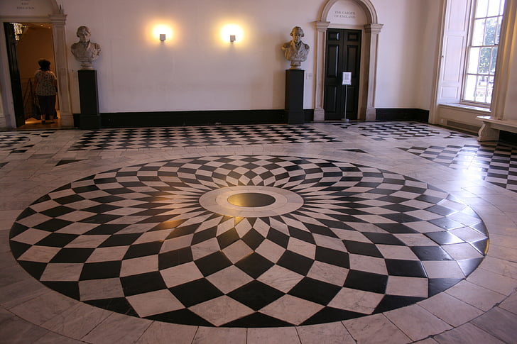 šach podlahy, čierne a biele podlahe, Greenwich, Londýn, poschodie, symetria, podlahy