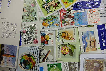 segells, recollir, estampada, deixar, postal, segell, valors de la marca