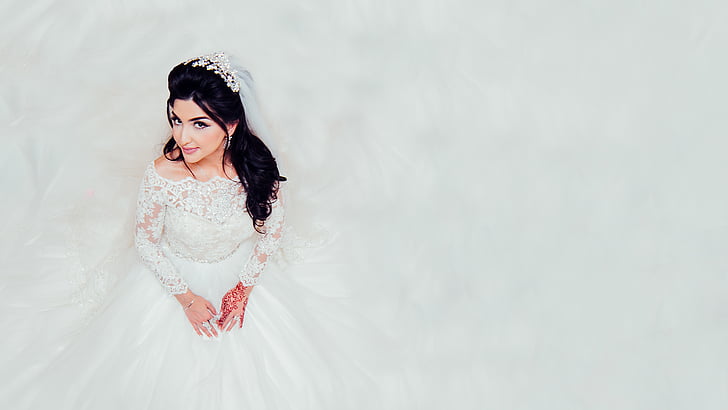 woman, wearing, wedding, gown, took, photo, one woman only
