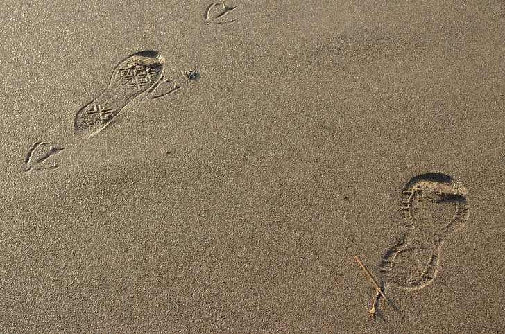 stopinjah, odtis, korak, pesek, hoje, bos, Beach