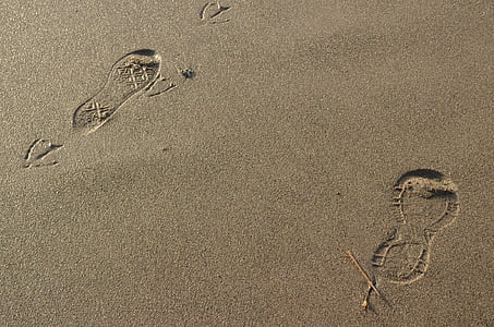 pe urmele, amprenta, pas, nisip, de mers pe jos, desculţ, plajă
