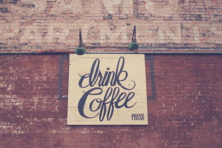 coffee, coffee shop, vintage, text, communication, brick wall, day