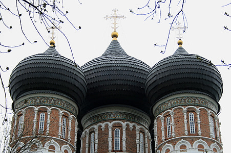 towers, cathedral, building, architecture, church, red brick, black onion domes