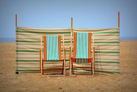 Playa, mar, asientos, cielo azul, vacaciones, lado de la playa, arena