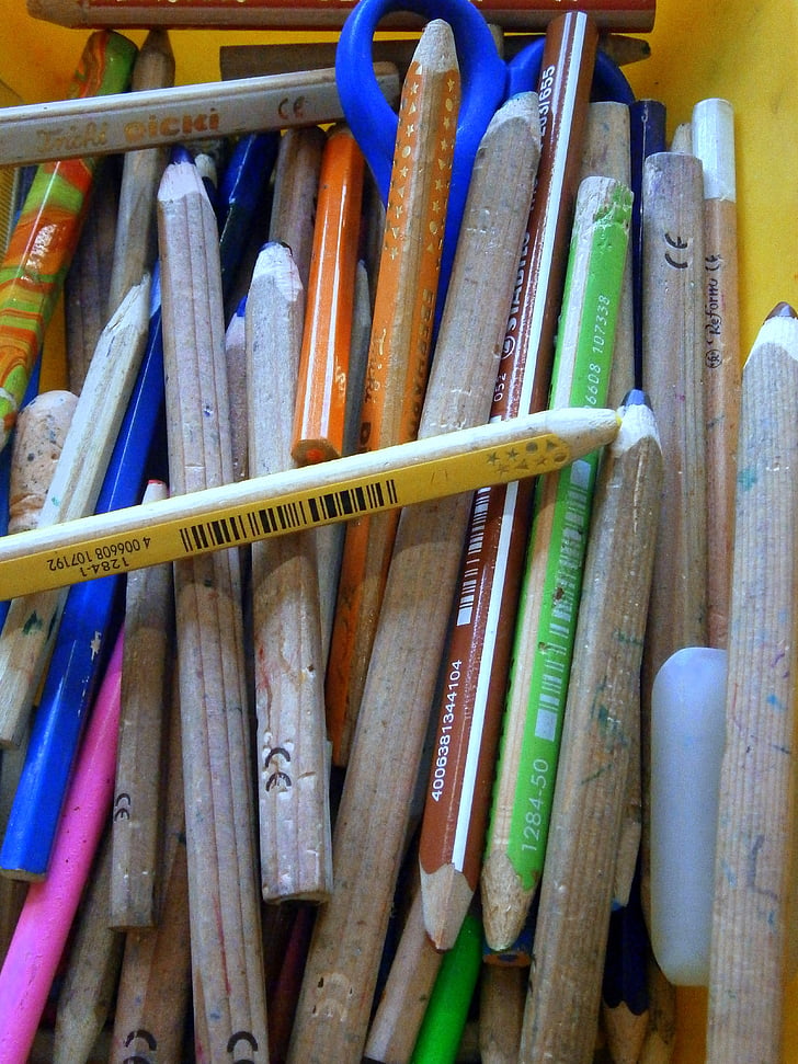 bút chì màu, bút chì màu, lộn xộn, trẻ em, mẫu giáo, trường học, hỗn loạn