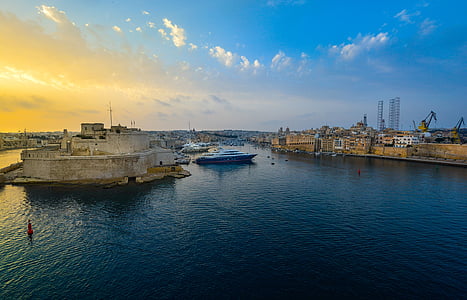 Malta, hamnen, soluppgång, solnedgång, Bay, Valletta, Sky
