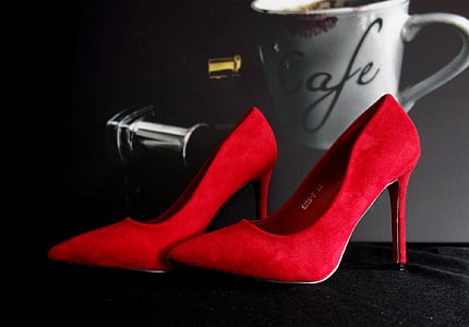 sepatu hak tinggi, espresso, lipstik, merah, feminin, membuat, sensual