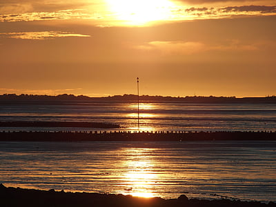 sole, Watt, mare del Nord, mare di Wadden, tramonto, bassa marea, luce posteriore