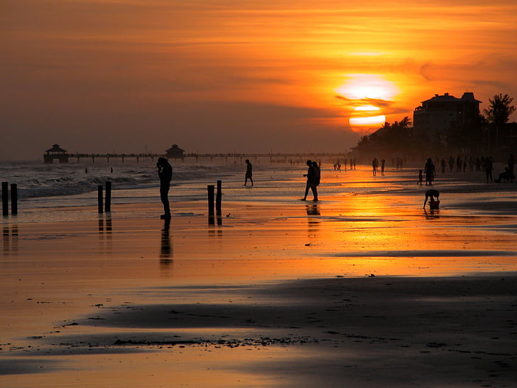 ljudi, silueta, zalazak sunca, plaža, Florida, Sjedinjene Američke Države, ljudi silueta