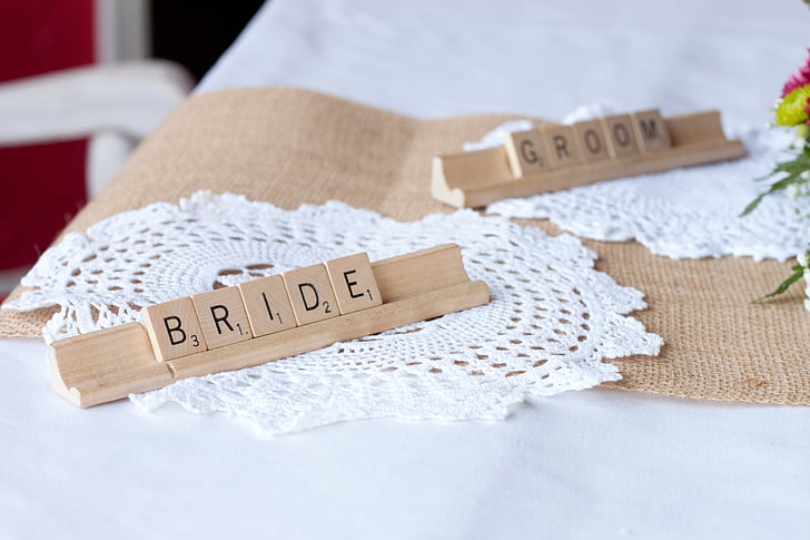 bride, groom, wedding, love, marriage, letters, decoration