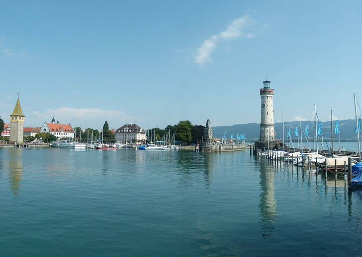 Lindau, Bavaria, Bodamské jazero, Dovolenka, Lighthouse, vstup do prístavnej, Port