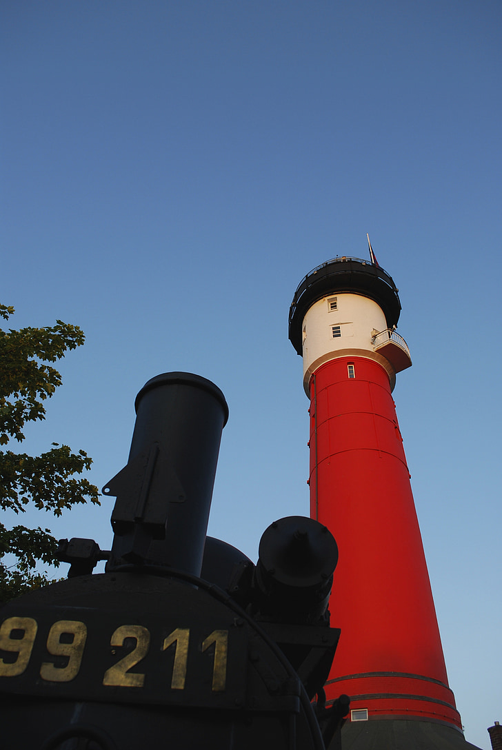svetilnik, Wangerooge, parna lokomotiva, nebo, modra