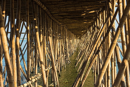 Camboya, Kampong cham, bambú, puente, Río Tonle, edificio, agua