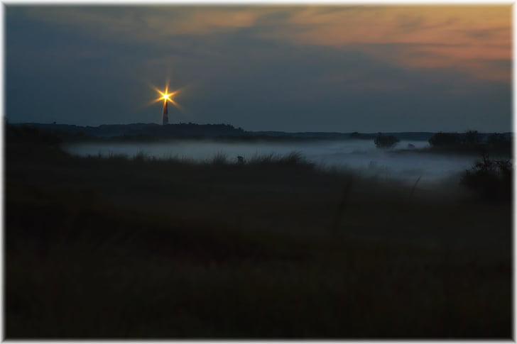 západ slnka, hmla, Lighthouse, more, večer, Holandsko, Beach