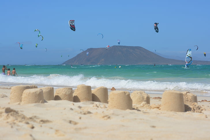 Vacanze, spiaggia, mare, cielo blu, onde, Fuerteventura, Isla de lobos