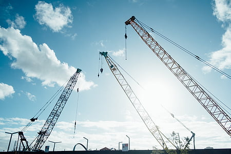 photo, three, cranes, construction, building, industry, steel