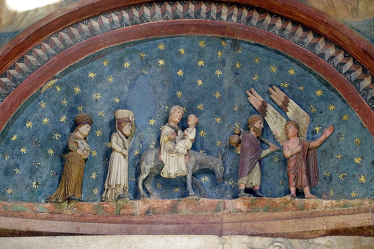 Parma, Baptistère, lunette, haut-relief, vol en l’Egypte, Italie, Émilie-Romagne