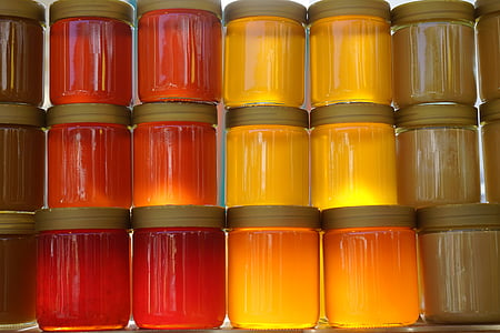 miele, vasi del miele, miele di bosco, miele di fiori, luce posteriore, giallo miele, chiaro