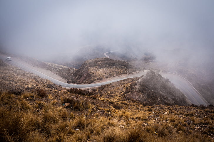 distância, fotografia, cinza, estrada, nevoeiro, grama, Highland