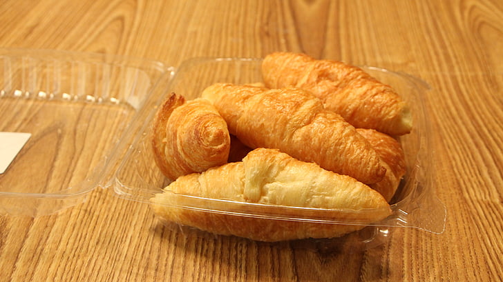 croissant, delicious, buttery, plastic, wood