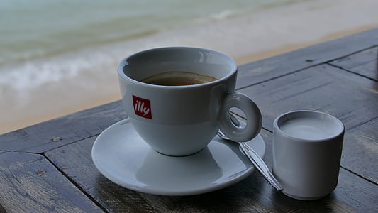 kopi, Meja, laut, Piala, istirahat, rehat kopi, Sarapan