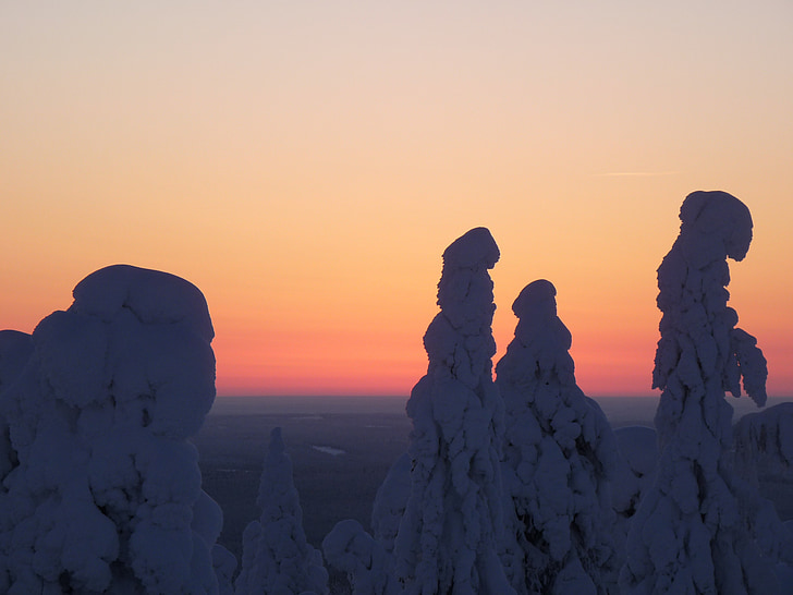 Finlàndia, neu, Lapònia, paisatge de neu, posta de sol