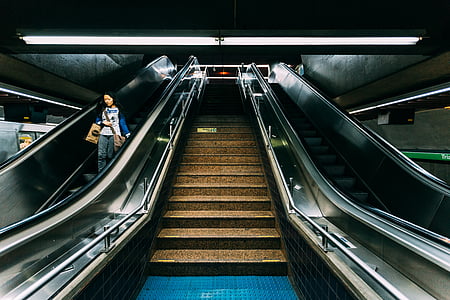 eskalator, orang, tangga, kereta bawah tanah
