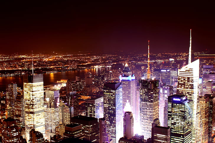 New york, skyline, nacht, lange blootstelling, skyline van New york, Manhattan, Nieuw