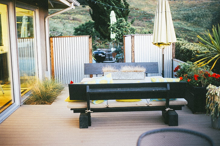 negre, fusta, pícnic, taula, al costat de, Parasol, a prop