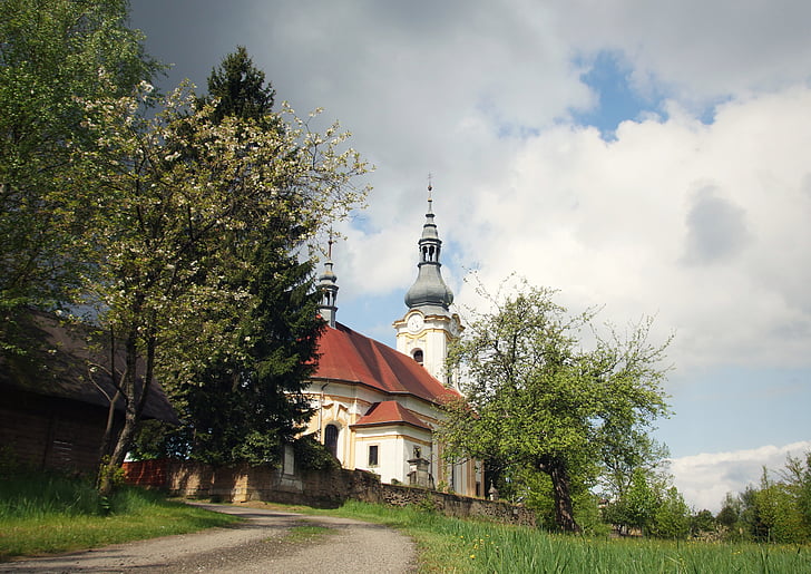 kytlice, kirke, våren, treet, himmelen, Šluknovko, Böhmen
